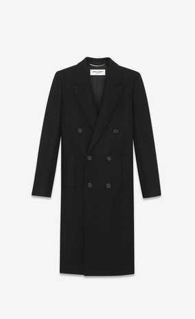 SAINT LAURENT Coats Woman Double Breasted Coat in Black Wool and Polyamide a_V4